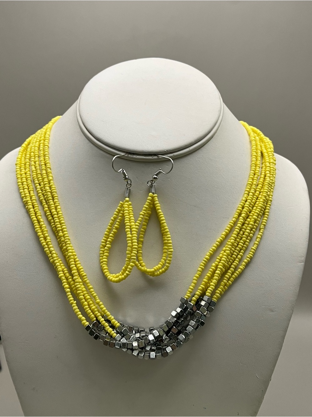 Yellow Beaded Necklace Set Silver Cube Multi Strand Statement Earrings Summer